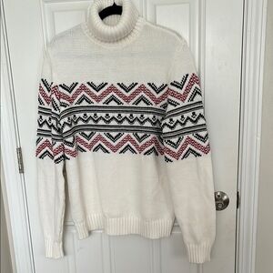 NWT Men’s White Turtleneck Sweater with Red and Black Pattern!